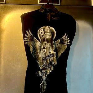 Small Religion black mini dress with lower back cut out—guitar with wings